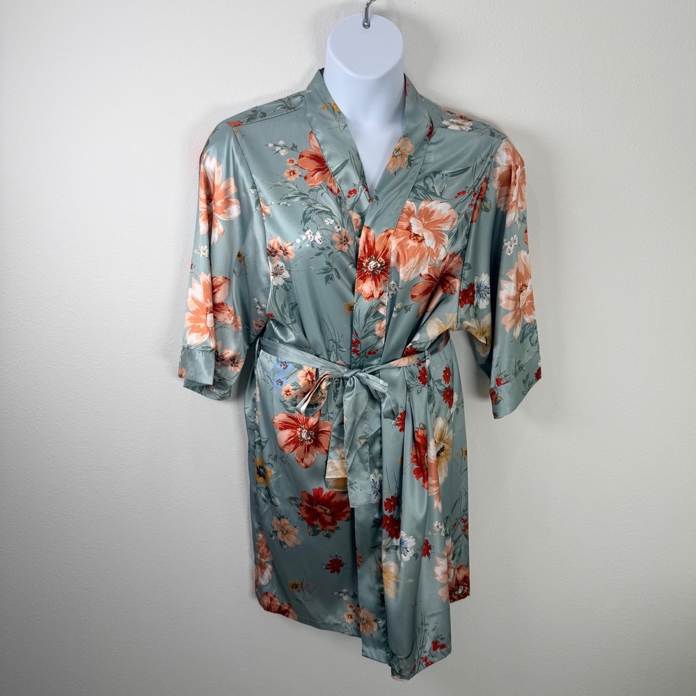 Davids Bridal WPD25493V1 Dusty Blue Floral Satin Robe L XL Womens Loungewear